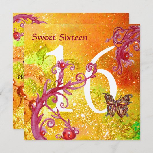 BUTTERFLY IN GOLD SPARKLES SWEET16 Birthday Party Kaart (Voorkant / Achterkant)