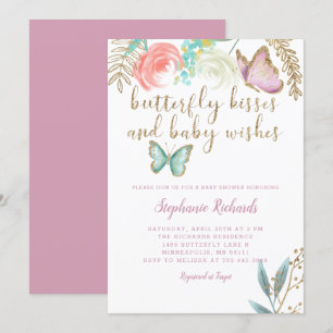 Butterfly Kisses and Baby Wishes Pink Baby shower Kaart