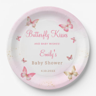 Butterfly Kisses and Baby Wishes Pink Baby shower Papieren Bordje
