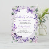 Butterfly Kisses & Baby Wishes Paarse Baby shower Kaart (Staand voorkant)