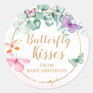 Butterfly Kisses Eucalyptus Pink Baby shower Favor Ronde Sticker