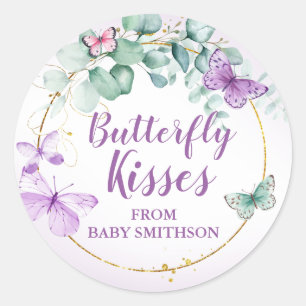 Butterfly Kisses Garden Paars Baby shower Favor Ronde Sticker