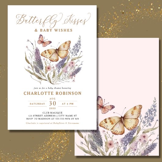 Butterfly Kisses Girl Baby shower Invitation Kaart