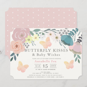 Butterfly Kisses Pink Floral Baby shower Kaart