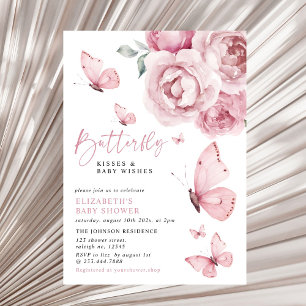 Butterfly Kisses Pink Floral Girl Baby shower Kaart