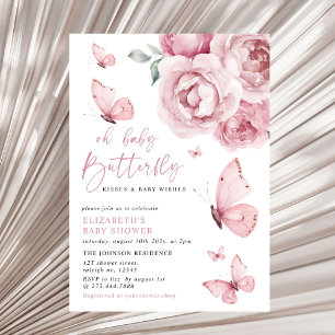 Butterfly Kisses Pink Floral Girl Baby shower Kaart