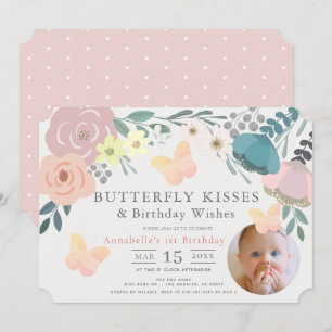 Butterfly Kisses Pink Floral Girl Birthday Foto Kaart