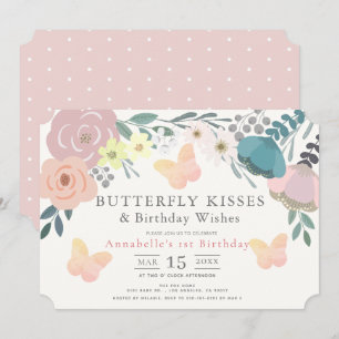 Butterfly Kisses Roze Bloemen Meisje Verjaardag Kaart