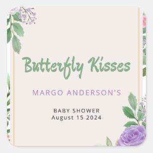 Butterfly Kisses Violet Flowers Baby shower Vierkante Sticker