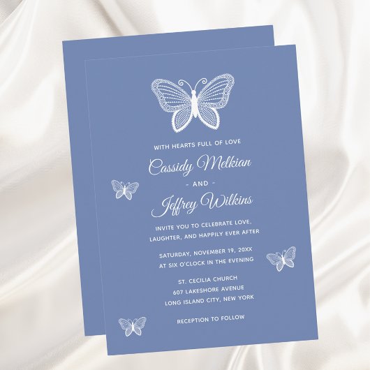 Butterfly Lace Dusty Blue Elegant Wedding Kaart