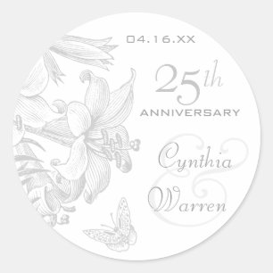 Butterfly Lilies Silver 25th Wedding Jubileum Ronde Sticker