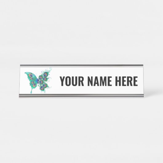 Butterfly met Green Peacock Feathers Bureau Naambordje (Voorkant)