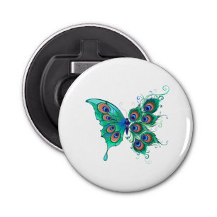 Butterfly met Green Peacock Feathers Button Flesopener