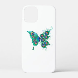Butterfly met Green Peacock Feathers iPhone 12 Mini Hoesje