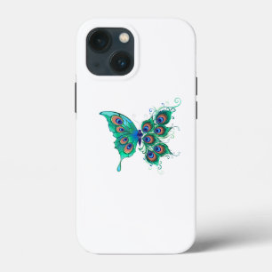 Butterfly met Green Peacock Feathers iPhone 13 Mini Hoesje