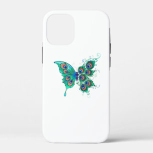 Butterfly met Green Peacock Feathers iPhone 12 Mini Hoesje