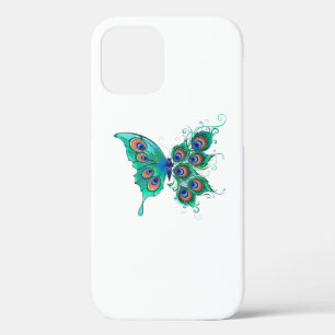 Butterfly met Green Peacock Feathers iPhone 12 Hoesje