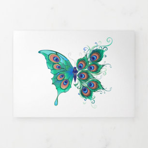 Butterfly met Green Peacock Feathers Drieluik Wenskaart