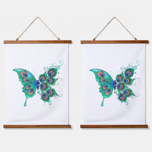 Butterfly met Green Peacock Feathers Hangend Wandkleed (Dubbel)