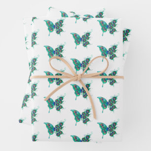 Butterfly met Green Peacock Feathers Inpakpapier Vel