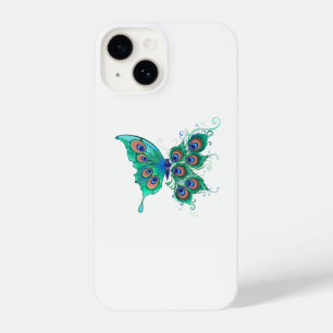 Butterfly met Green Peacock Feathers iPhone 14 Hoesje