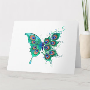 Butterfly met Green Peacock Feathers Kaart