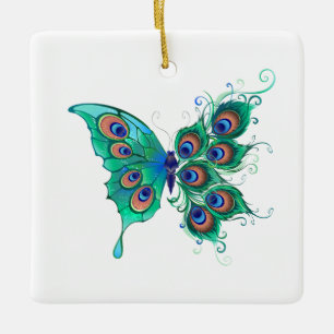 Butterfly met Green Peacock Feathers Keramisch Ornament