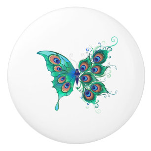 Butterfly met Green Peacock Feathers Keramische Knop