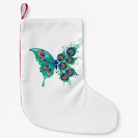 Butterfly met Green Peacock Feathers Kleine Kerstsok (Voorkant)