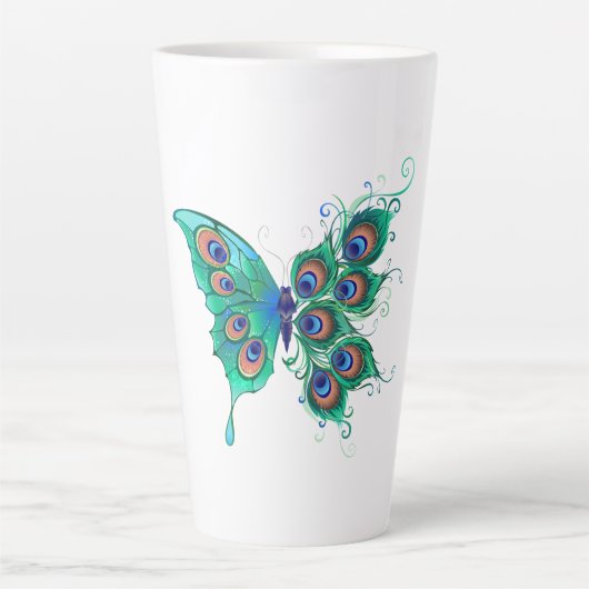 Butterfly met Green Peacock Feathers Latte Mok (Voorkant)