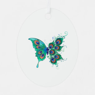 Butterfly met Green Peacock Feathers Metalen Ornament