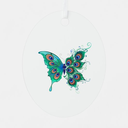 Butterfly met Green Peacock Feathers Metalen Ornament (Voorkant)