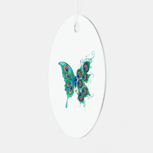Butterfly met Green Peacock Feathers Metalen Ornament (Voorkant links)
