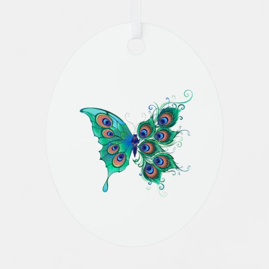 Butterfly met Green Peacock Feathers Metalen Ornament (Achterkant)