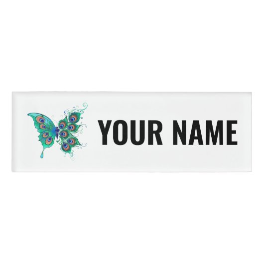 Butterfly met Green Peacock Feathers Naambadge (Voorkant)