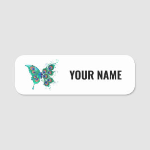 Butterfly met Green Peacock Feathers Naamplaatje