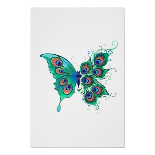 Butterfly met Green Peacock Feathers Perfect Poster (Voorkant)