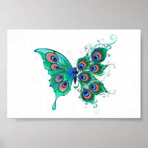 Butterfly met Green Peacock Feathers Poster