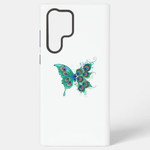 Butterfly met Green Peacock Feathers Samsung Galaxy Hoesje