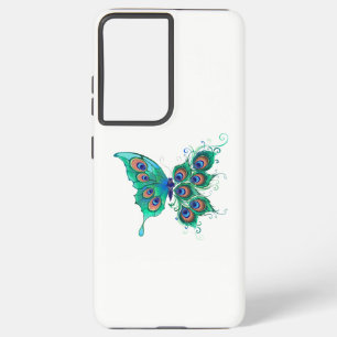 Butterfly met Green Peacock Feathers Samsung Galaxy Hoesje