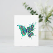 Butterfly met Green Peacock Feathers Save The Date (Staand voorkant)