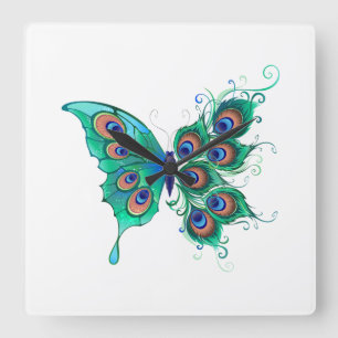 Butterfly met Green Peacock Feathers Vierkante Klok