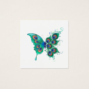 Butterfly met Green Peacock Feathers Vierkante Visitekaartjes