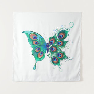 Butterfly met Green Peacock Feathers Wandkleed