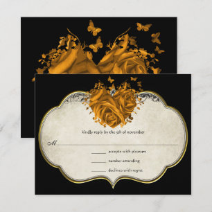 Butterfly Metallic Gold Heart Tan Faux Parchment RSVP Kaartje