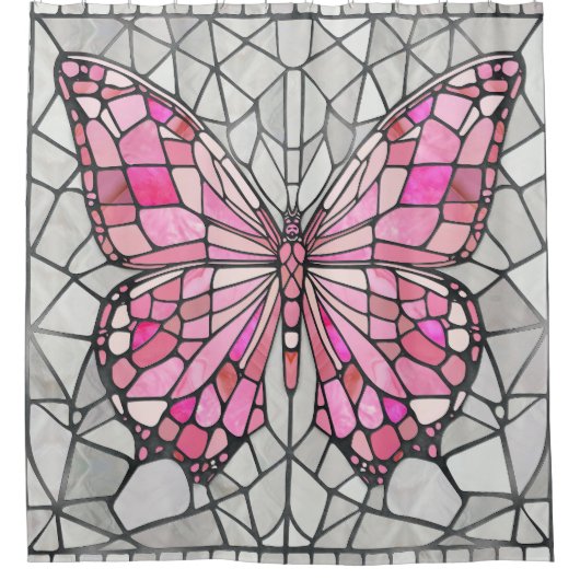 Butterfly Mosaic - Sprookje Roze en grijs Douchegordijn (Voorkant)