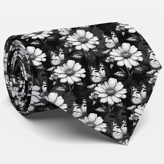 Butterfly on Flower Pattern Design - Zwart Stropdas
