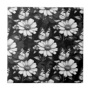 Butterfly on Flower Pattern Design - Zwart Tegeltje