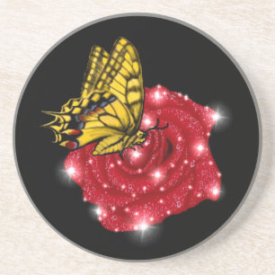 Butterfly on red Rose met sterren en regendruppels Zandsteen Onderzetter