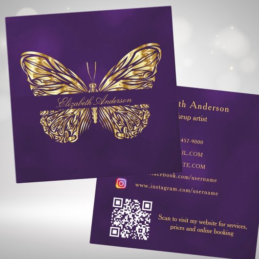 Butterfly paars goud QR code elegant script Vierkante Visitekaartje